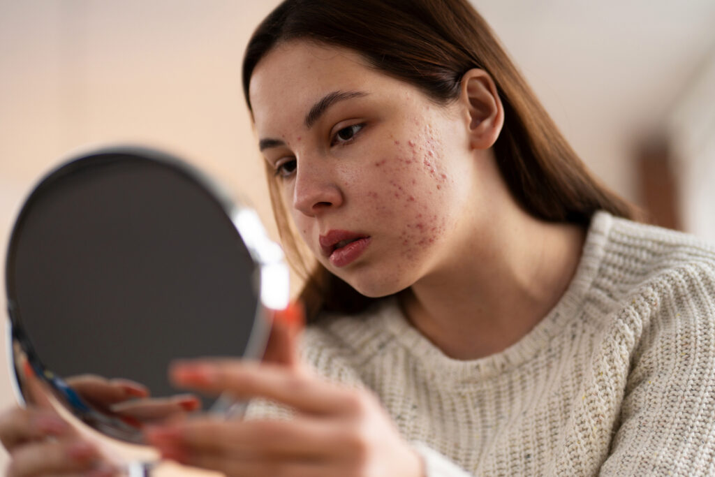 A young person applying a skincare product to their face, illustrating how to hide acne scars without makeup.