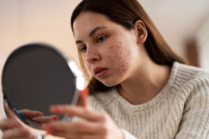 A young person applying a skincare product to their face, illustrating how to hide acne scars without makeup.