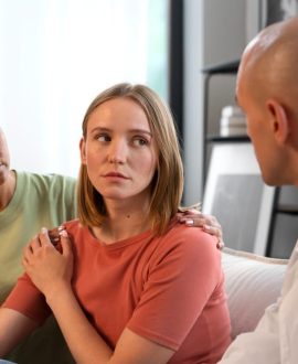 Parents sitting with their teenage daughter during a meeting with a counselor